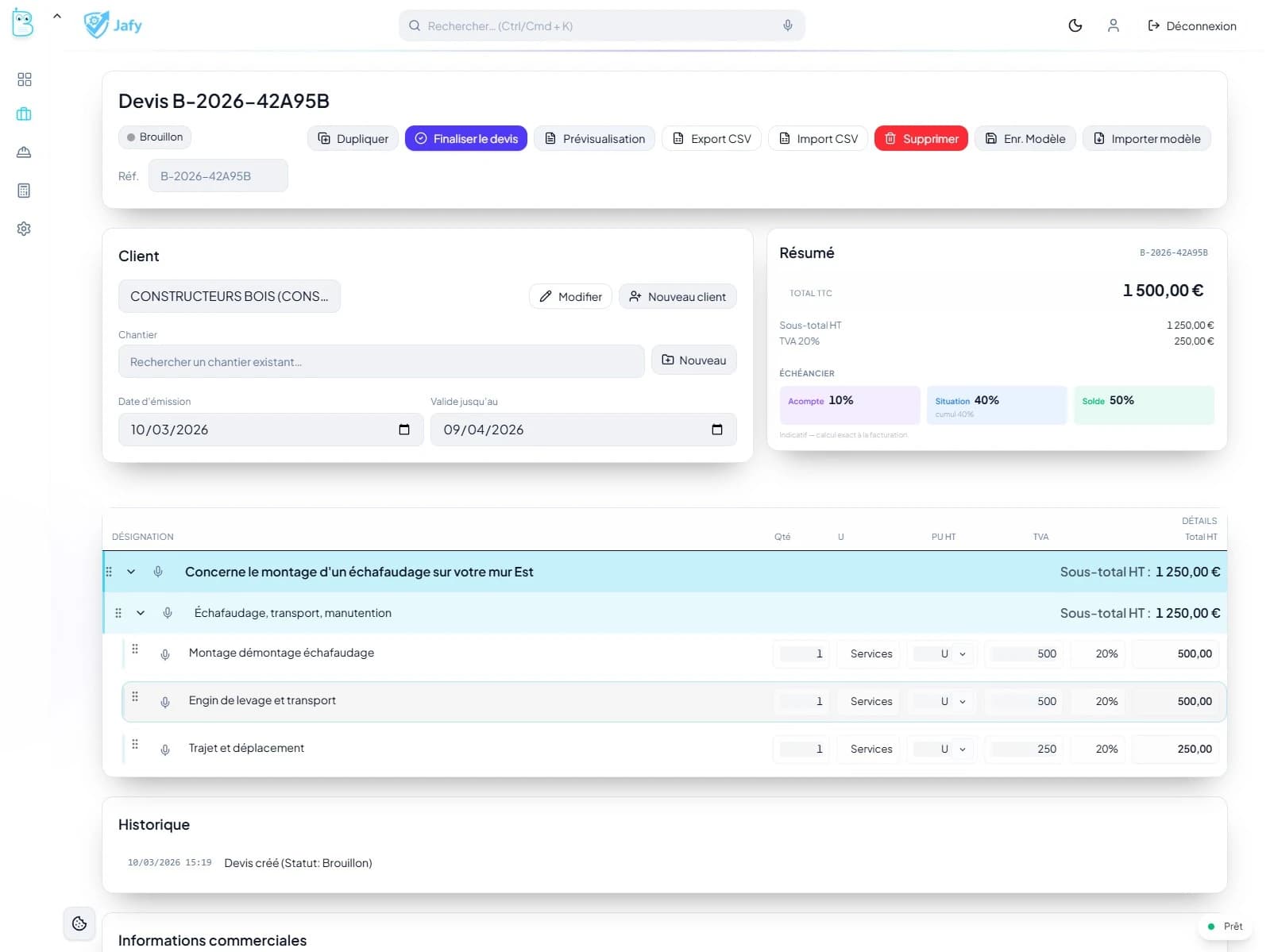 Éditeur de devis avec structure arborescente