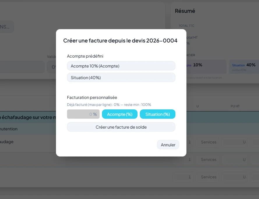 Cycle complet de facturation : acompte, avancement, solde